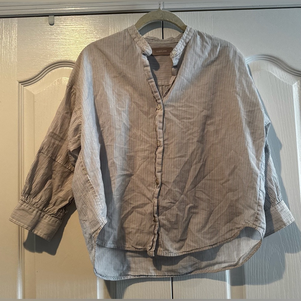 Everlane Gray and Blue Pinstriped Cotton Button Down Collarless Blouse - Size 2
